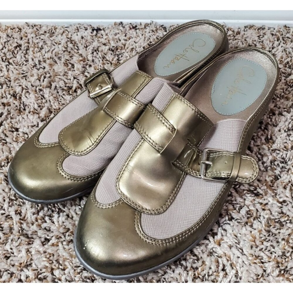 Cole Haan Silver Slip On Mule Shoes Buckle Accent Sz 9
